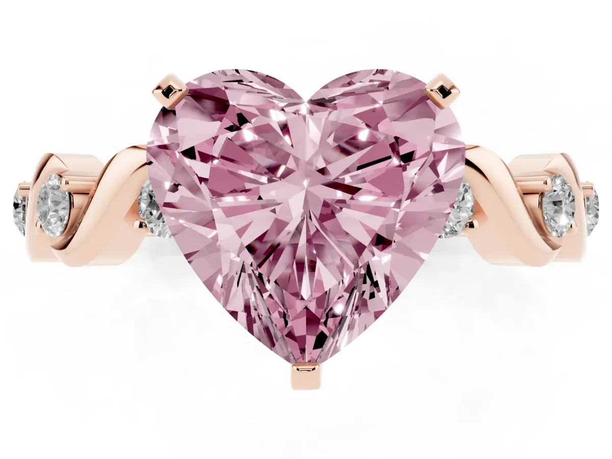 Fancy Pink Heart Cut Diamond Solitaire Twisted Band with Round Accents and Prong Setting Rose gold