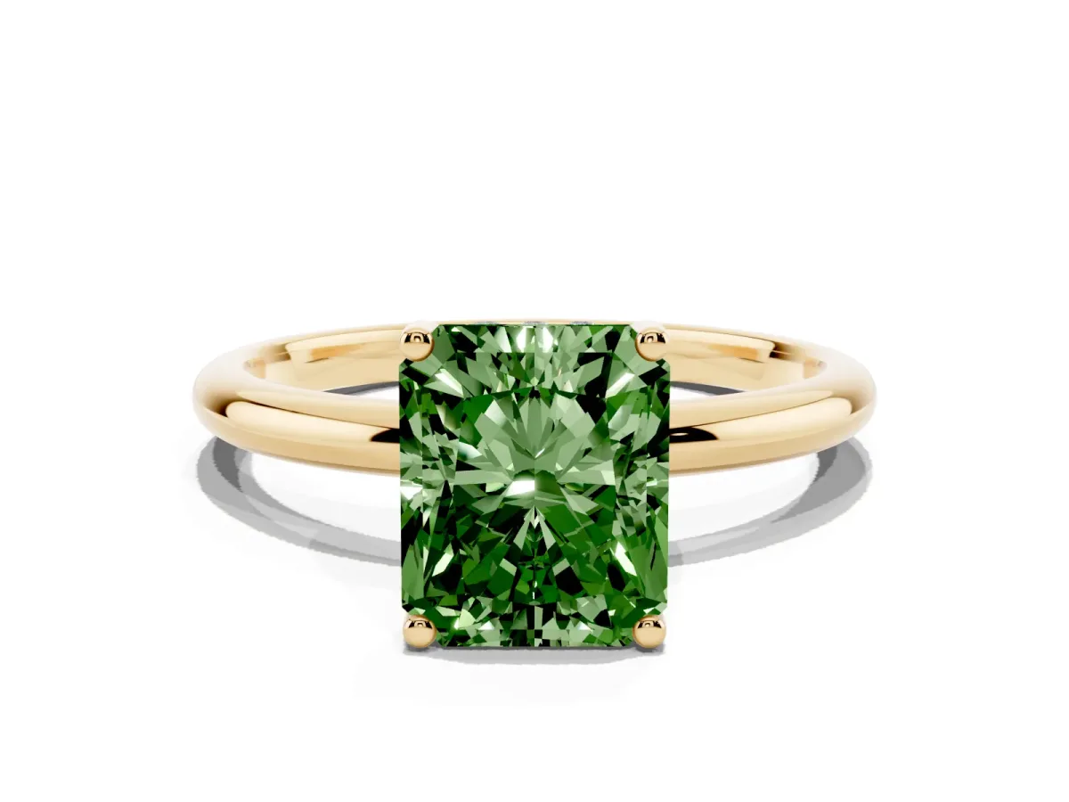 Fancy Green Radiant Cut Cut Solitaire Engagement Ring with Four-Prong Setting and Classic Band Yellow gold