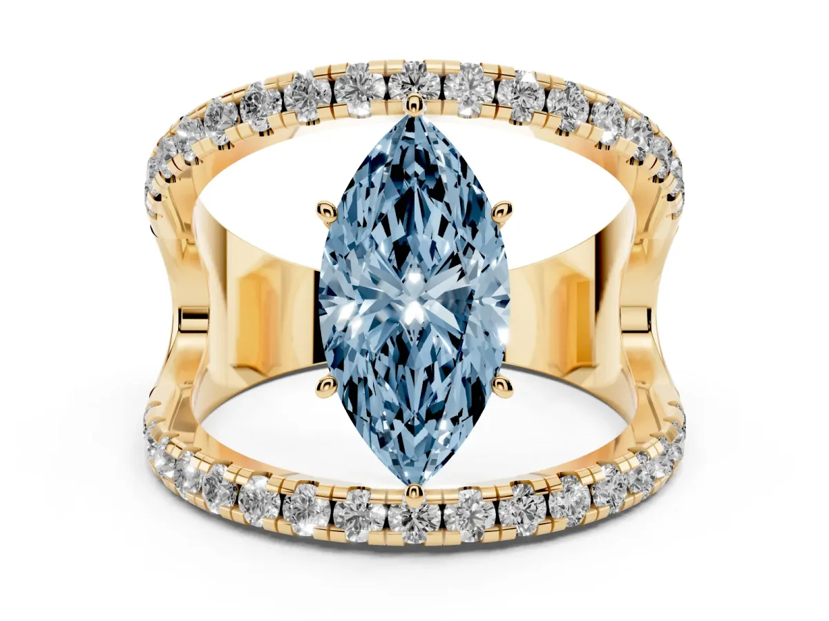Fancy Blue Marquise Cut Solitaire Split Shank Pave Diamond Ring Yellow gold