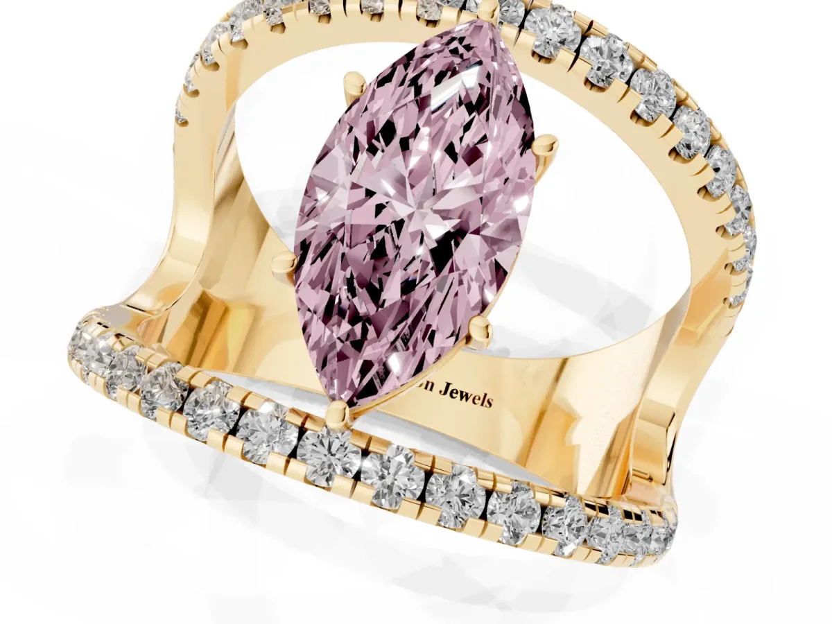 Fancy Pink Marquise Cut Solitaire Split Shank Pave Diamond Ring Yellow gold