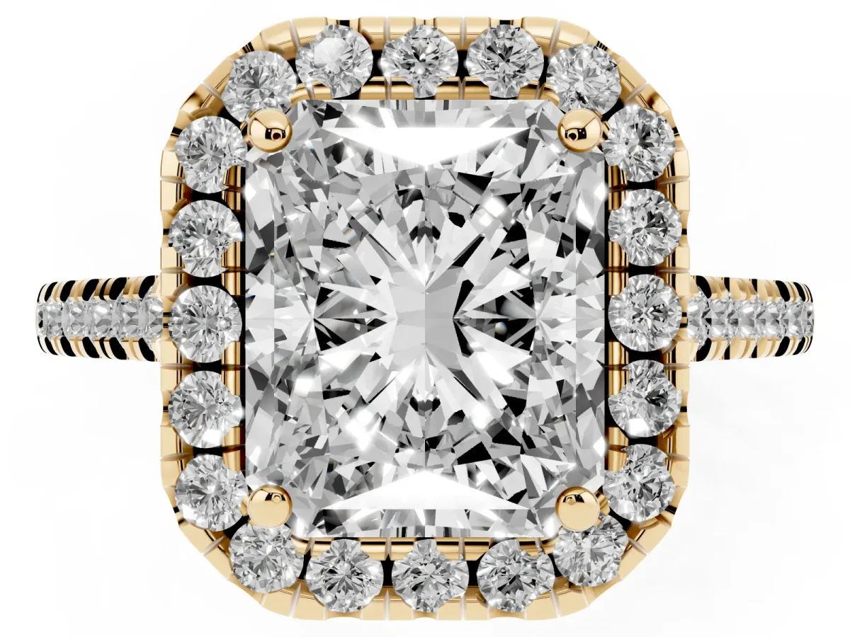 Radiant Cut Diamond Cushion Halo Ring with Pavé Band Yellow gold