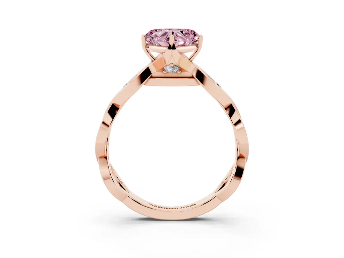 Fancy Pink Heart Cut Solitaire Twist Band with Leaf Prong Setting Rose gold