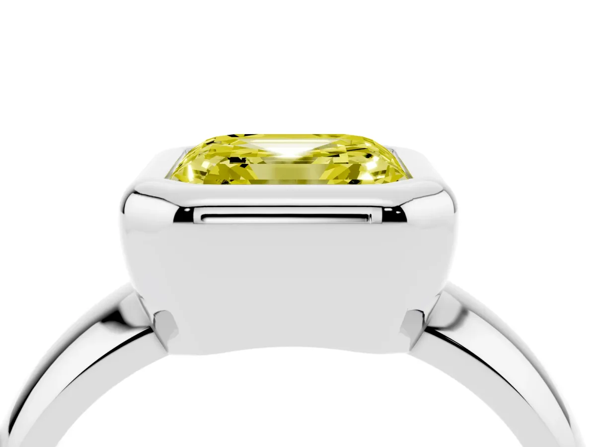 Fancy Yellow Bezel Set Asscher Cut Solitaire Ring with Wide Band Platinum