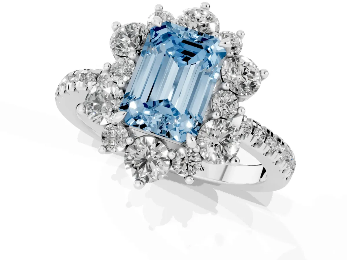 Fancy Blue Emerald Cut Diamond Floral Halo Ring with Round Pavé Band and Prong Setting Silver