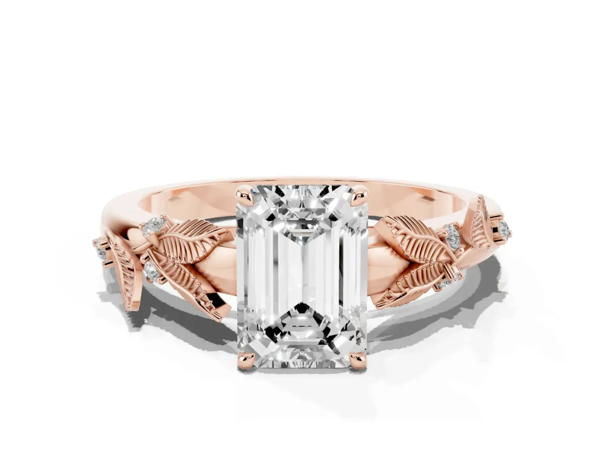 Emerald Cut Diamond Solitaire Ring with Leaf Motif Band and Four-Prong Setting Rose gold