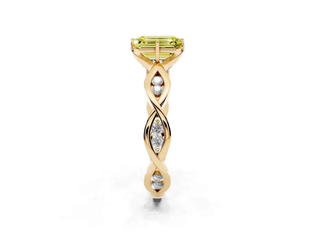 Fancy Yellow Emerald Cut Solitaire Twist Band with Leaf Prong Setting Yellow gold