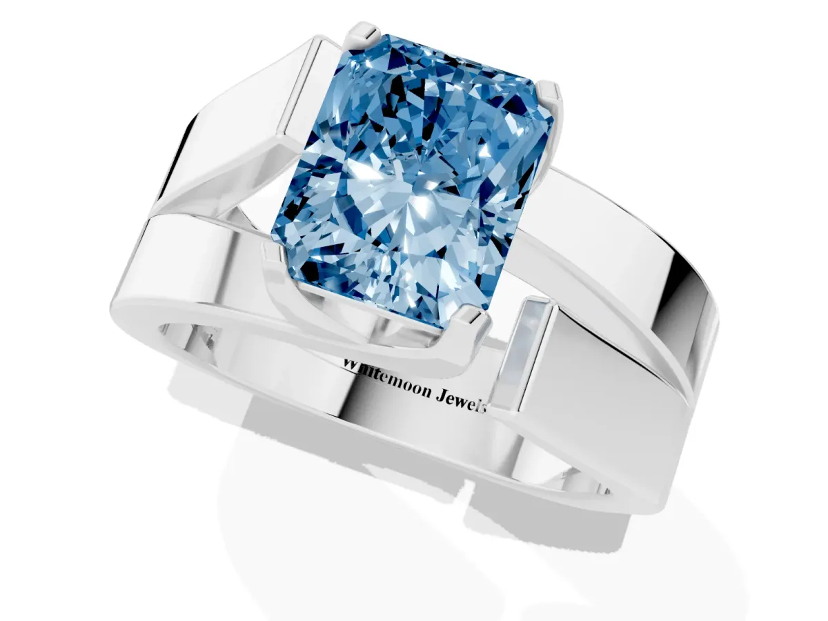 Fancy Blue Modern Tension Set Radiant Cut Diamond Solitaire Wide Band Ring Silver