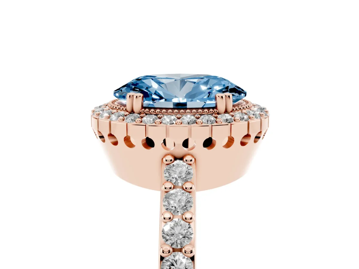 Fancy Blue Oval Cut Cut Diamond Halo Engagement Ring with Milgrain Detail and Pavé Band Rose gold