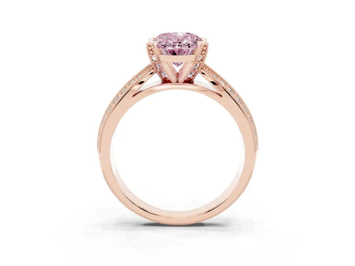 Fancy Pink Oval Cut Diamond Solitaire Ring with Milgrain Round Pavé Band and Prong Setting Rose gold