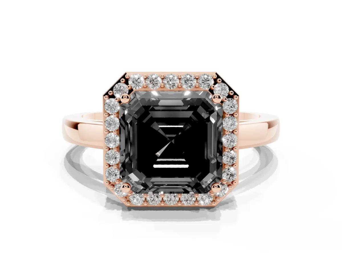 Fancy Black Asscher Cut Halo Diamond Ring with Solitaire Band and Prong Setting Rose gold