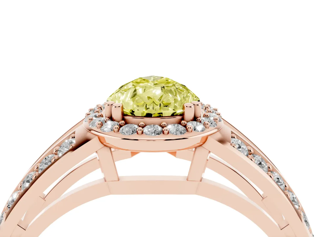 Fancy Yellow Pear Cut Diamond Halo Ring with Split Shank Pavé Band and Four-Prong Setting Rose gold