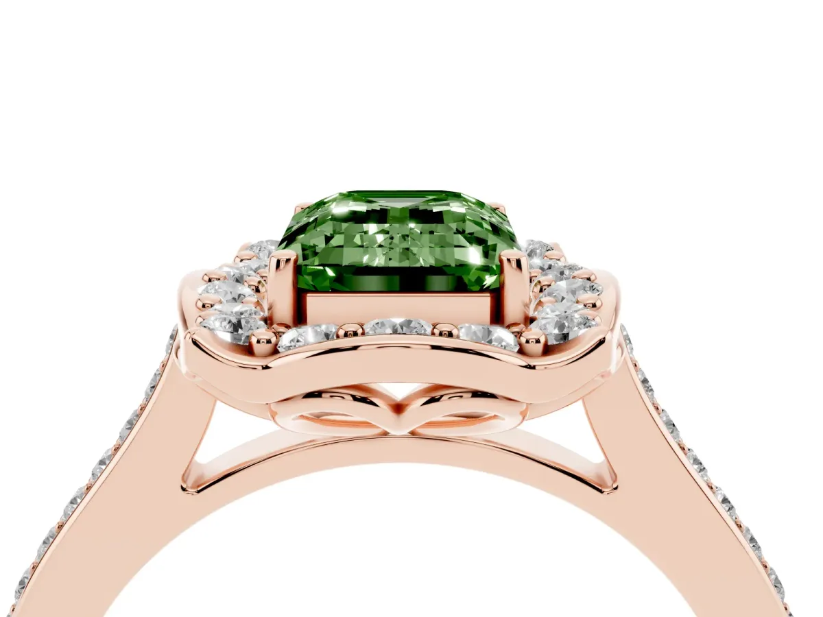 Fancy Green Emerald Cut Halo Round Diamond Pave Band with Four-Prong Setting Rose gold