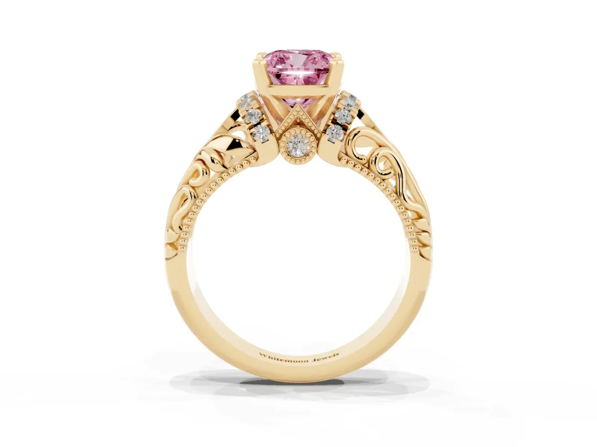 Fancy Pink Cushion Cut Solitaire Filigree Engagement Ring with Halo and Prong Setting Yellow gold