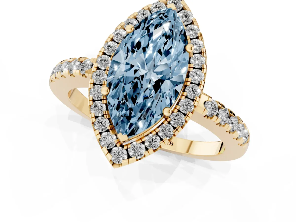 Fancy Blue Marquise Cut Halo Diamond Engagement Ring with Pavé Band and Four-Prong Setting Yellow gold