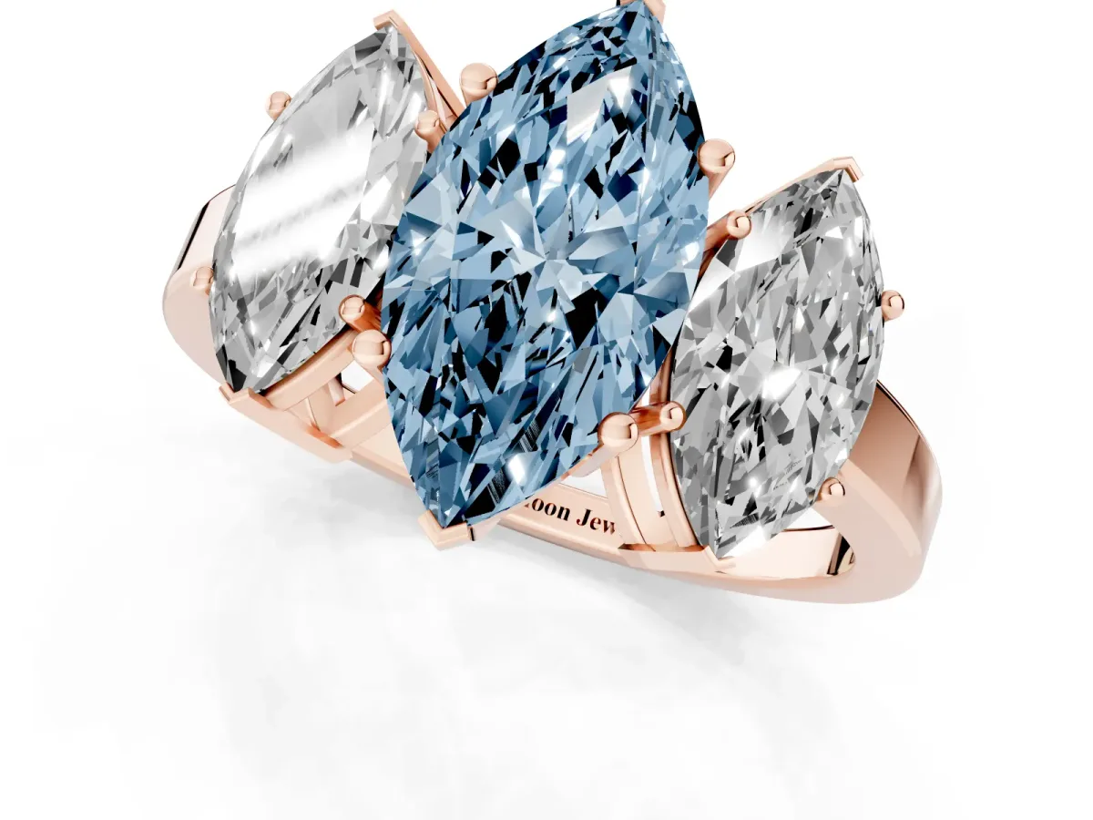 Fancy Blue Three-Stone Marquise Cut Cut Diamond Engagement Ring with Flat Band and Four-Prong Setting Rose gold