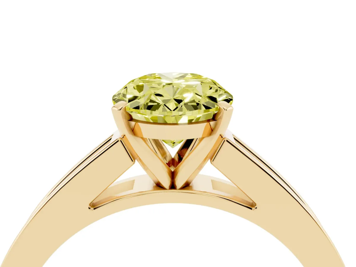 Fancy Yellow Oval Cut Solitaire Diamond Ring with Channel-Set Band and Four-Prong Setting Yellow gold