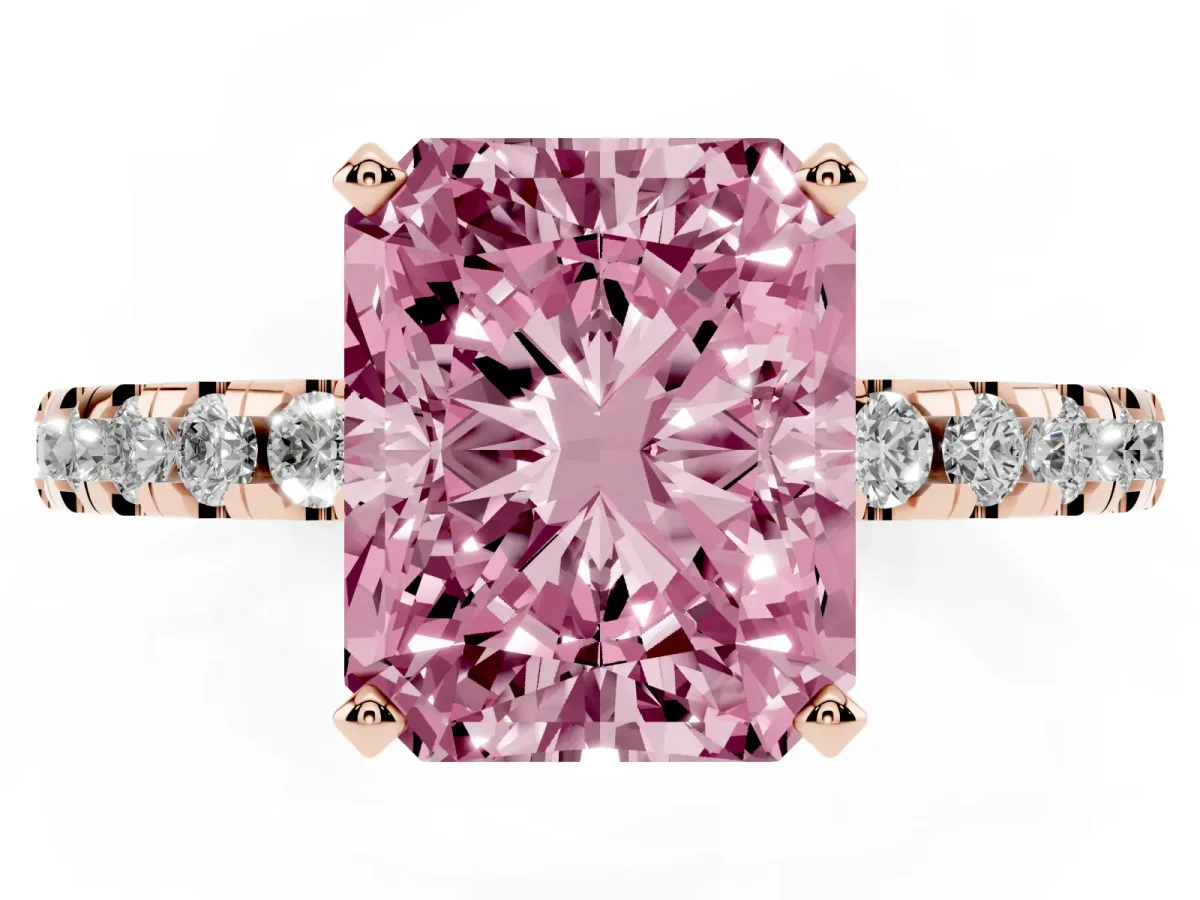 Fancy Pink Radiant Cut Diamond Solitaire Ring with Round Pavé Band and Four-Prong Setting Rose gold