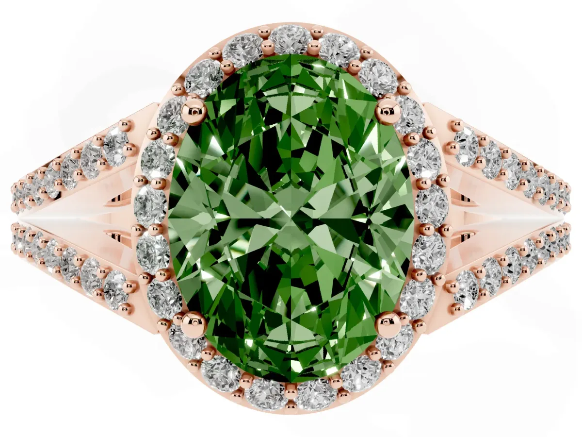 Fancy Green Oval Cut Halo Split Shank Pave Diamond Ring with Four-Prong Setting Rose gold