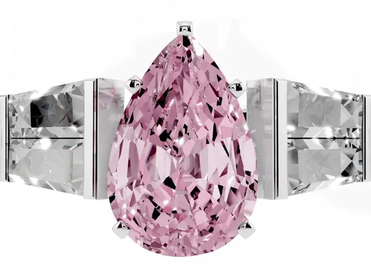 Fancy Pink Pear Cut Diamond Engagement Ring with Baguette Side Stones and Channel Set Band Platinum