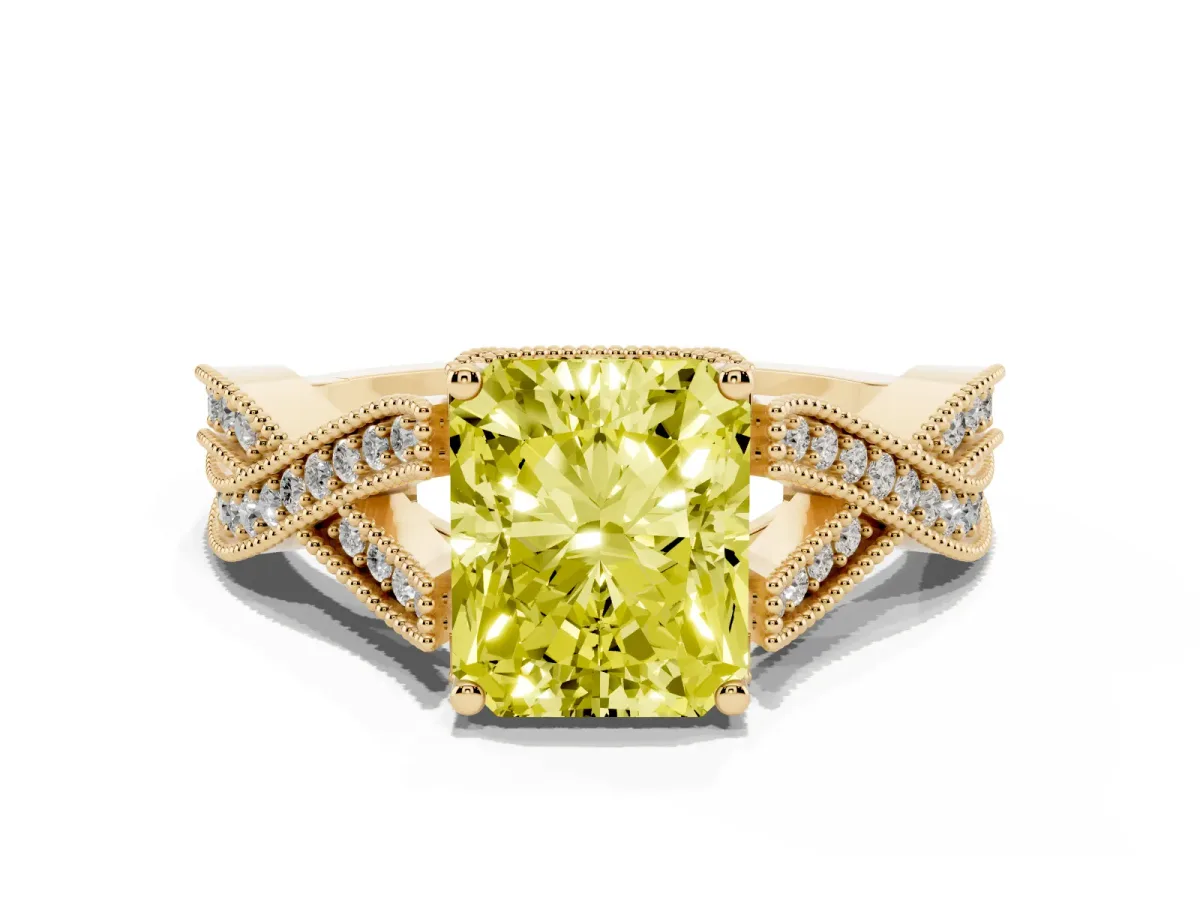 Fancy Yellow Radiant Cut Cut Diamond Twisted Band with Milgrain Pave Setting and Four-Prong Setting Yellow gold