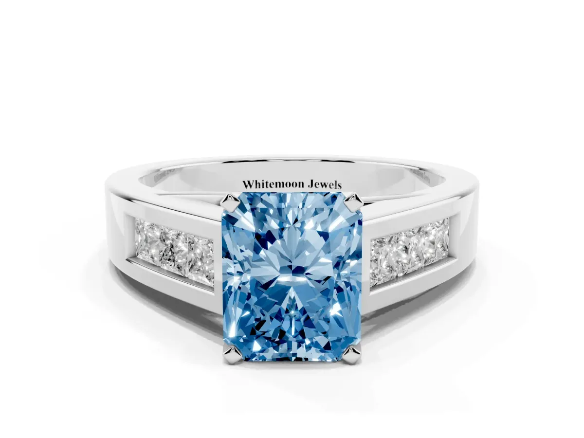 Fancy Blue Radiant Cut Cut Channel Set Solitaire Ring with Four-Prong Setting Silver