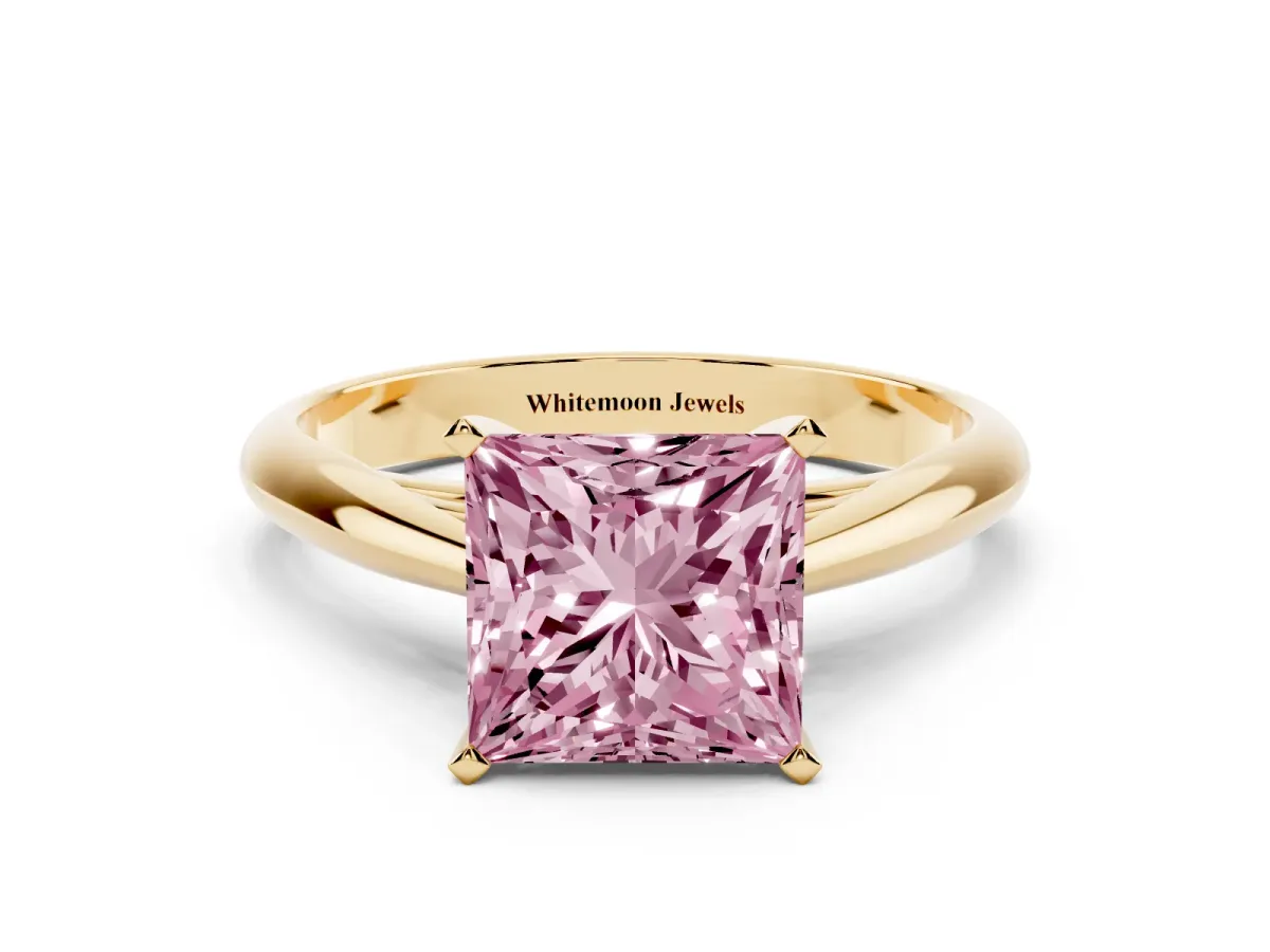 Fancy Pink Princess Cut Diamond Solitaire Engagement Ring with Cathedral Setting and Four-Prong Mount Yellow gold