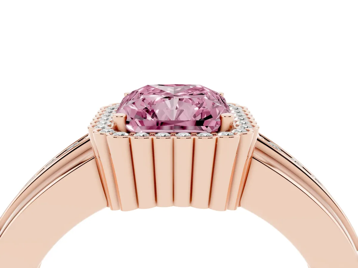 Fancy Pink Radiant Cut Cut Halo Pave Band Four-Prong Ring Rose gold