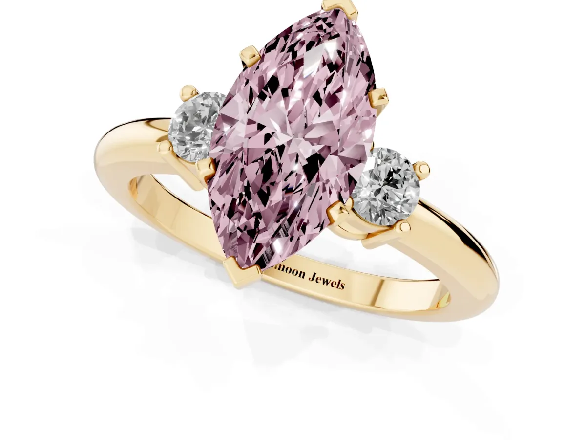Fancy Pink Three-Stone Marquise Cut Cut Diamond Solitaire with Prong Setting and Classic Band Yellow gold