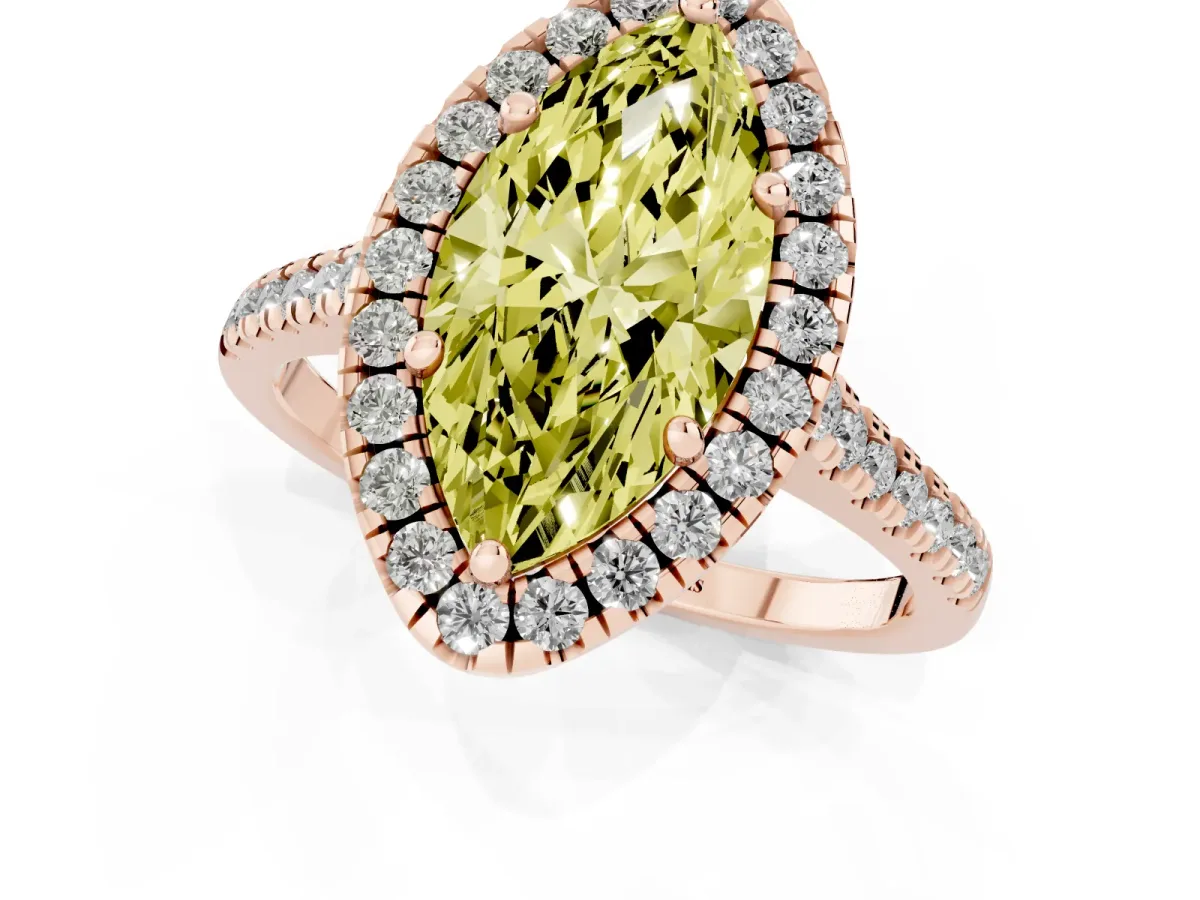 Fancy Yellow Marquise Cut Diamond Cushion Halo Ring with Pavé Band Rose gold