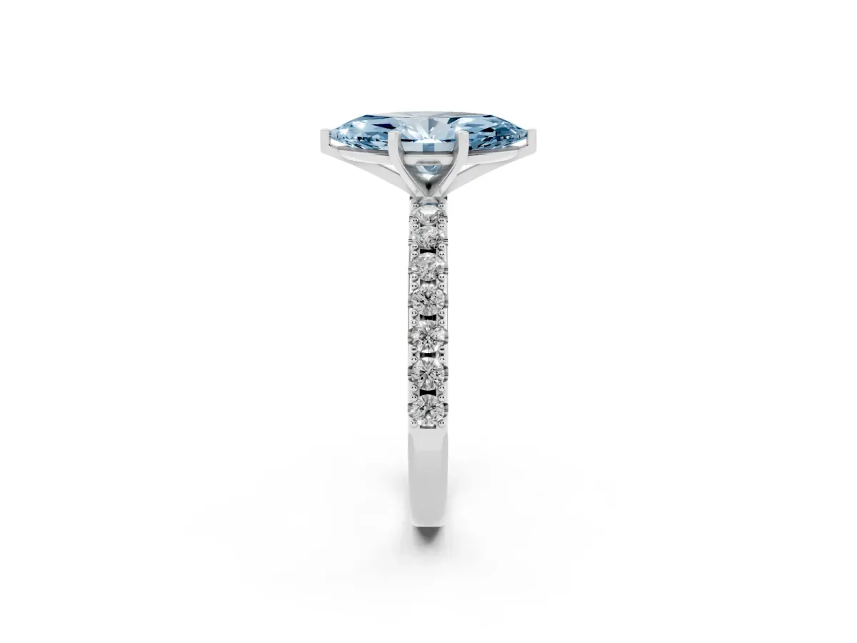 Fancy Blue Marquise Cut Diamond Solitaire Pavé Band with Four-Prong Setting Silver