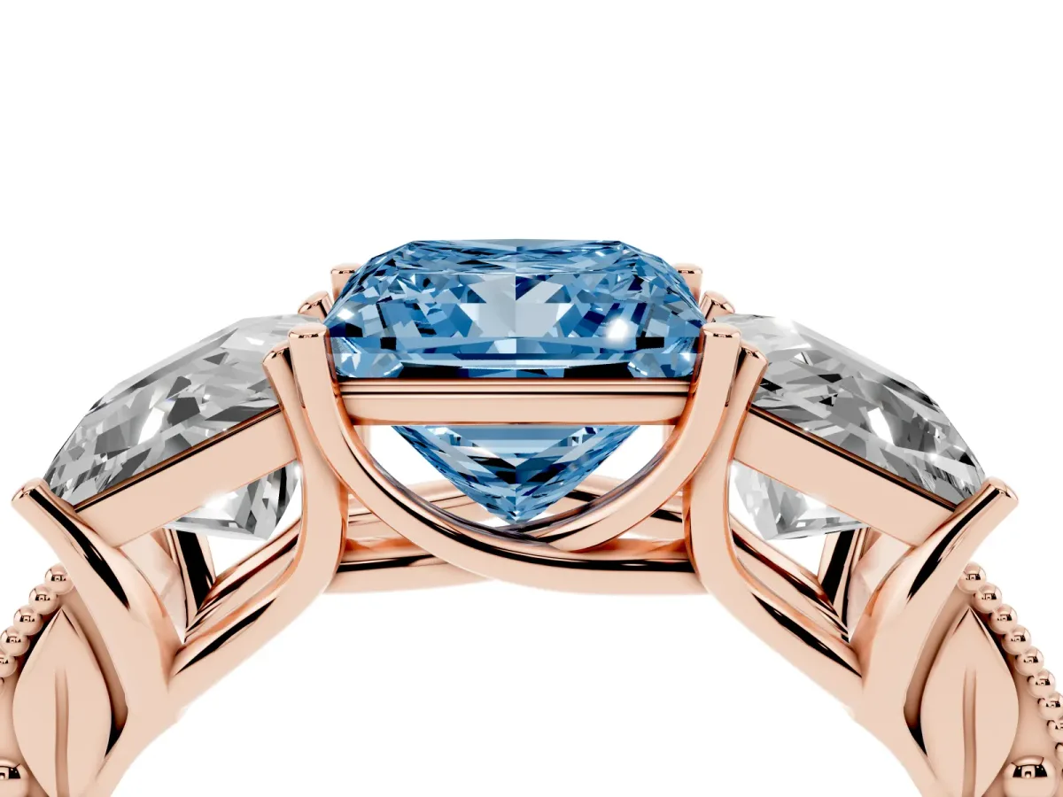 Fancy Blue Three-Stone Princess Cut Cut Milgrain Pavé Engagement Ring Rose gold