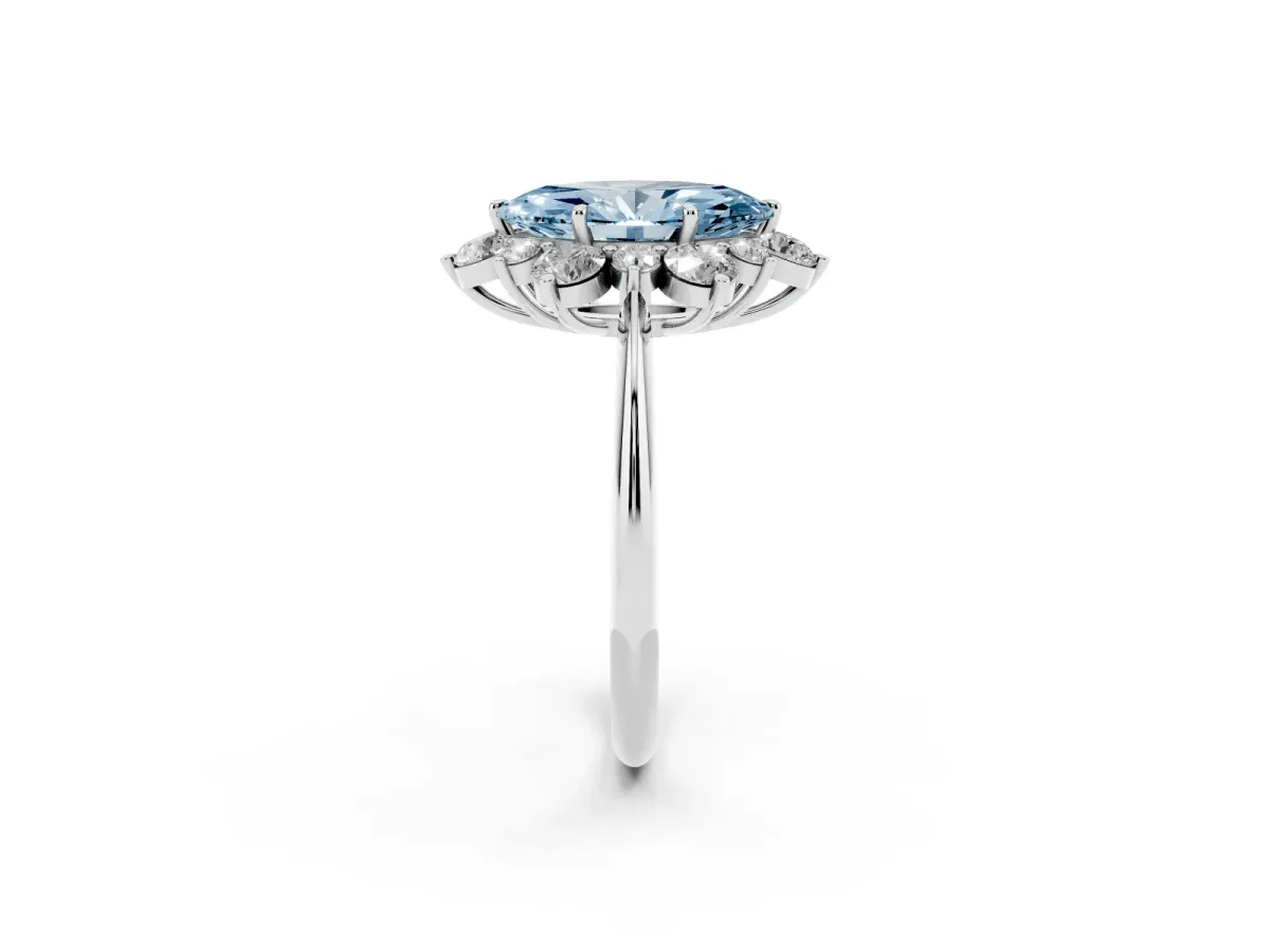 Fancy Blue Marquise Cut Diamond Cluster Halo Ring with Solitaire Band and Four-Prong Setting White gold