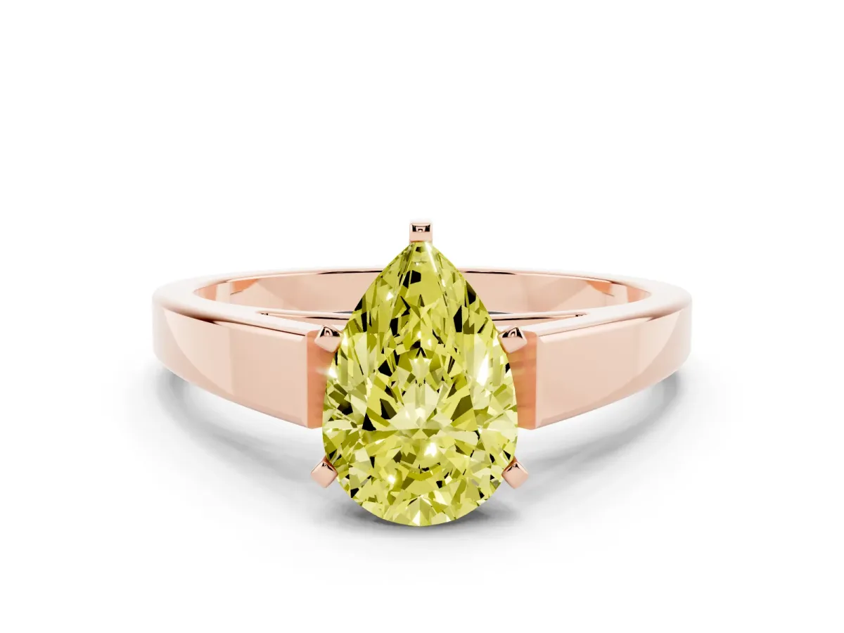 Fancy Yellow Pear Cut Solitaire Engagement Ring with Four-Prong Setting and Tapered Band Rose gold