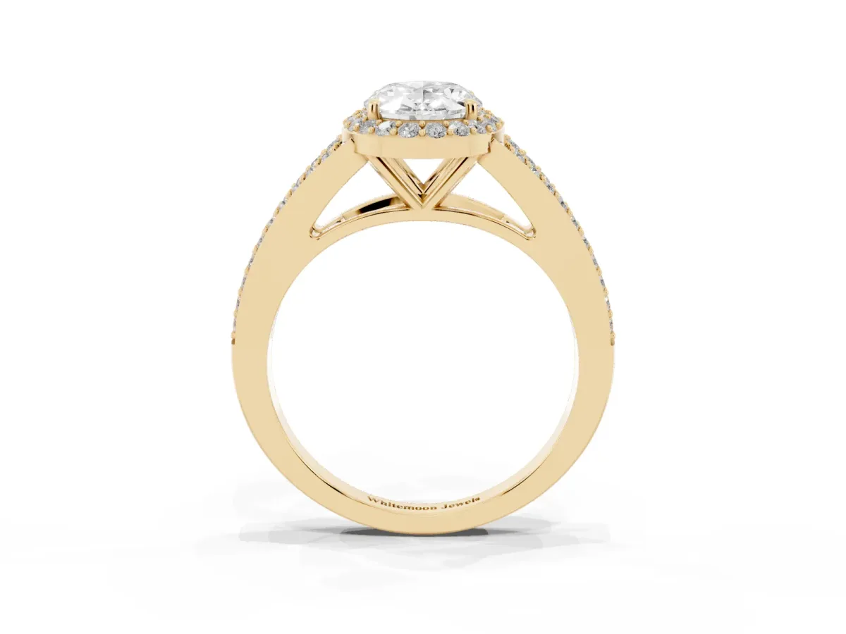 Oval Cut Halo Split Shank Diamond Ring with Prong Setting Yellow gold