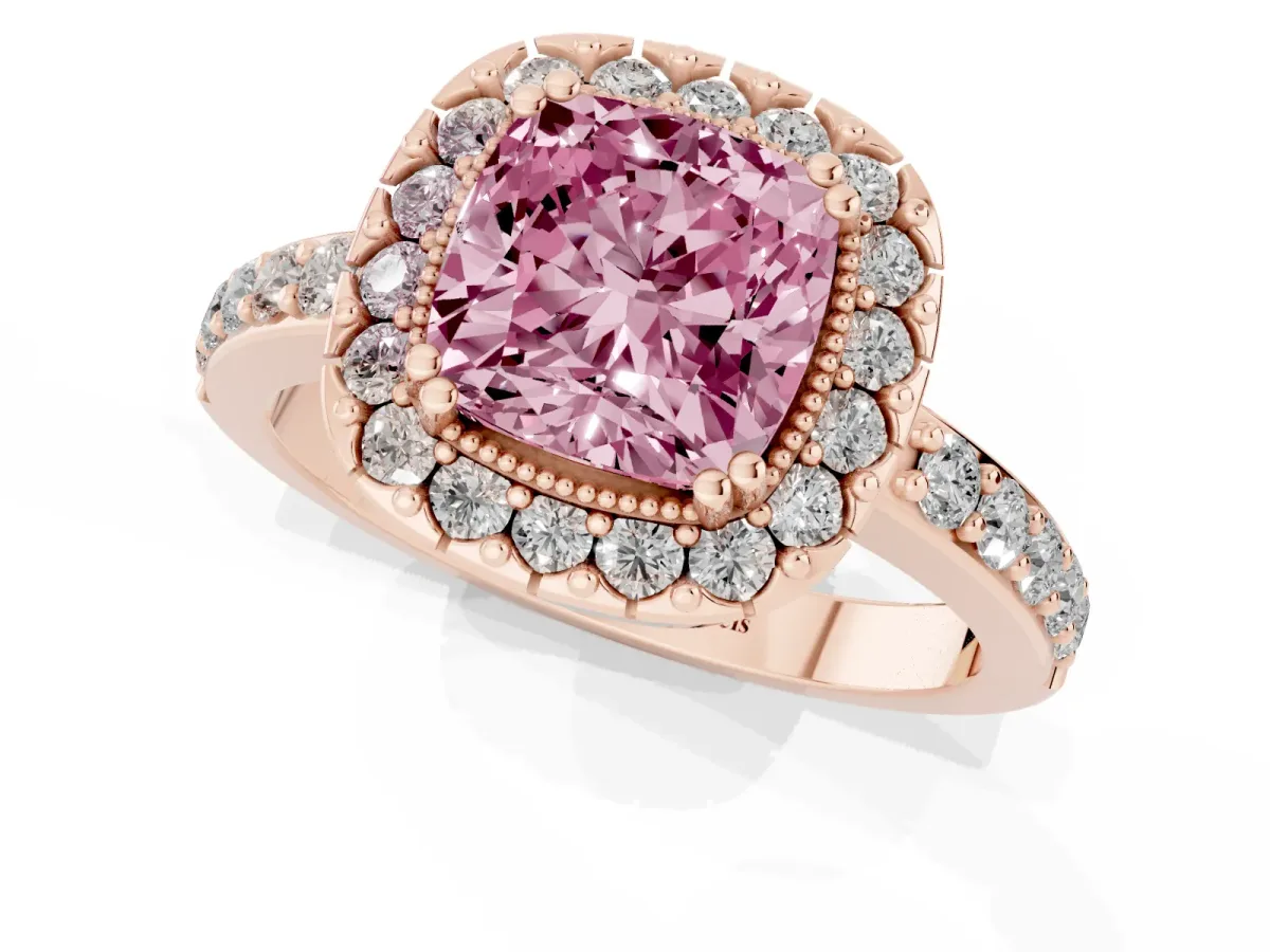 Fancy Pink Cushion Cut Diamond Halo Ring with Pavé Band and Prong Setting Rose gold