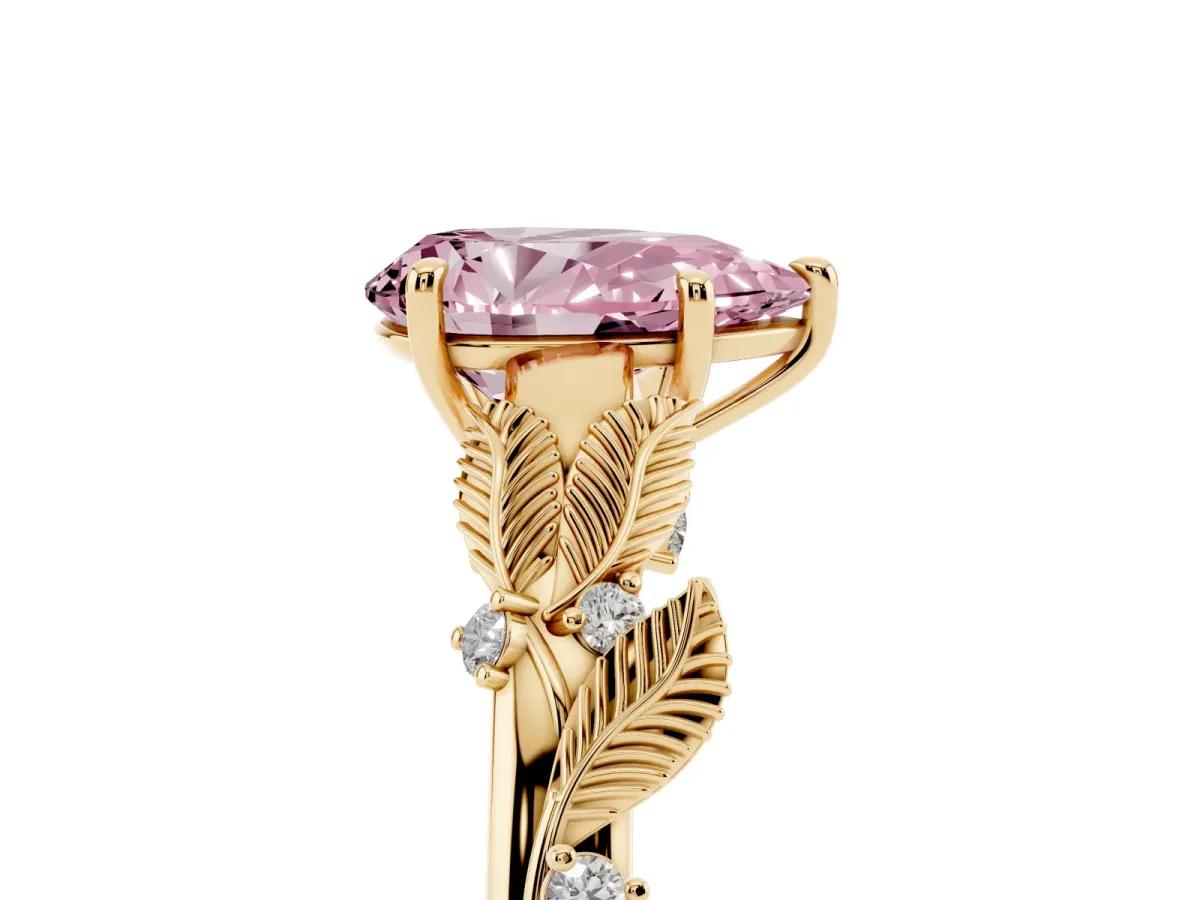 Fancy Pink Pear Cut Diamond Solitaire Ring with Leaf Motif Band and Four-Prong Setting Yellow gold