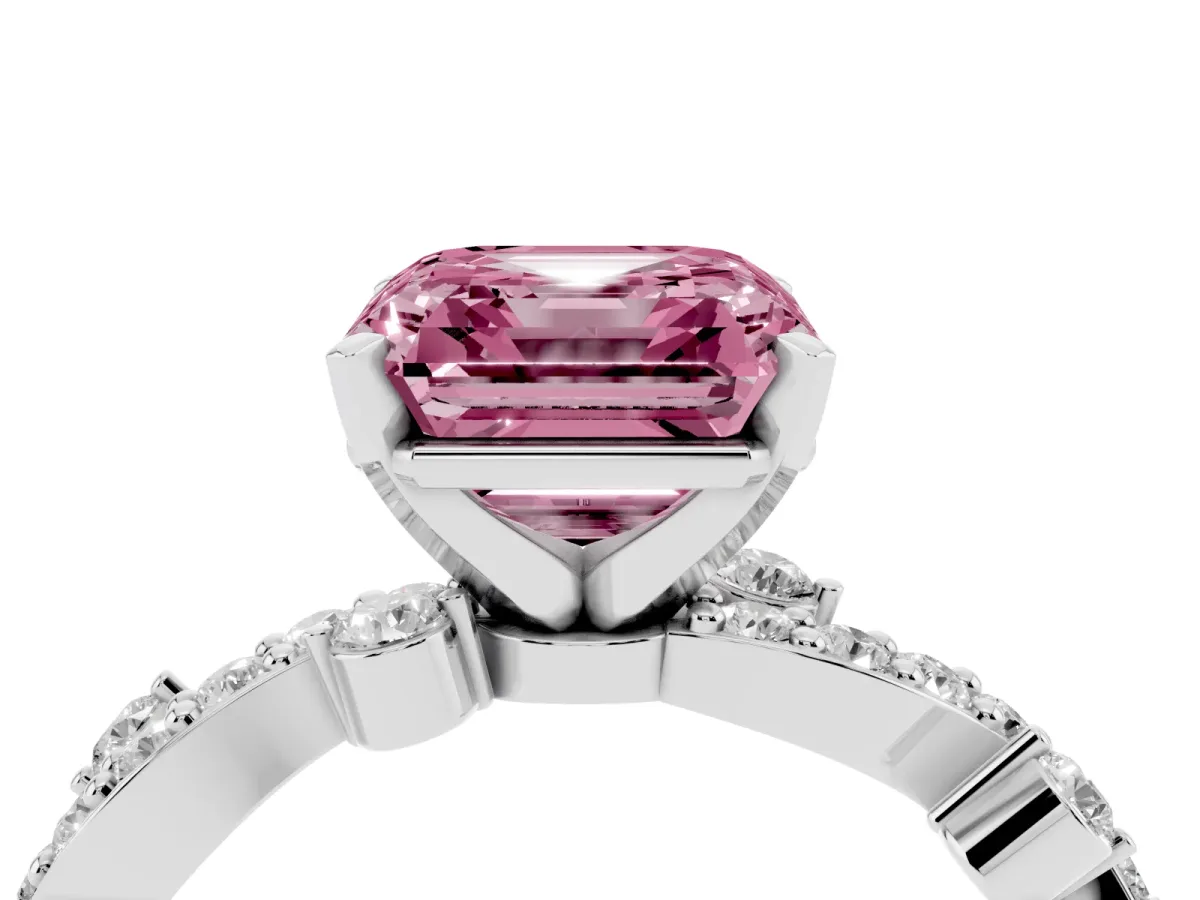 Fancy Pink Asscher Cut Cut Solitaire Diamond Twisted Band with Pave Setting Silver