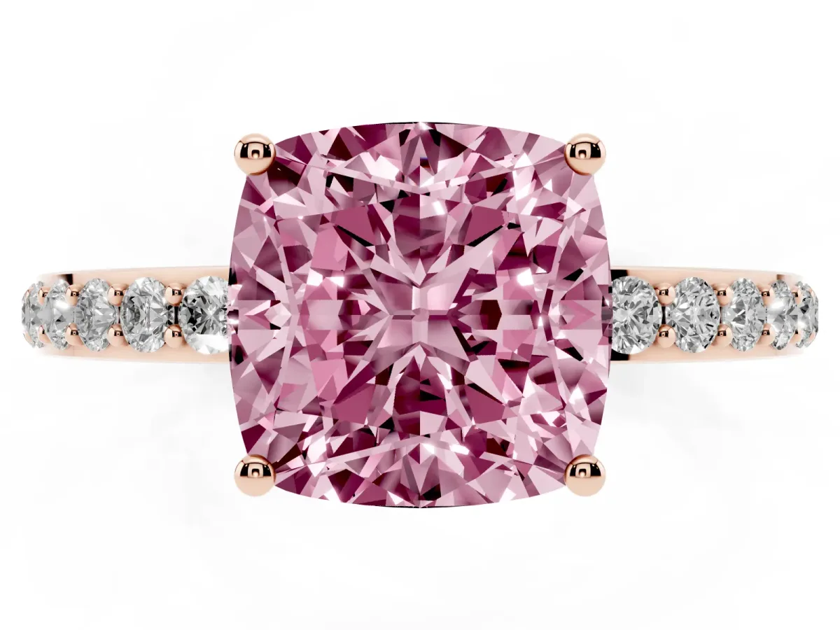 Fancy Pink Cushion Cut Diamond Solitaire Ring with Pavé Band and Hidden Halo Rose gold