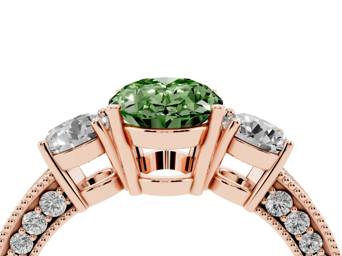 Fancy Green Oval Cut Three-Stone Diamond Ring with Pavé Band and Four-Prong Setting Rose gold