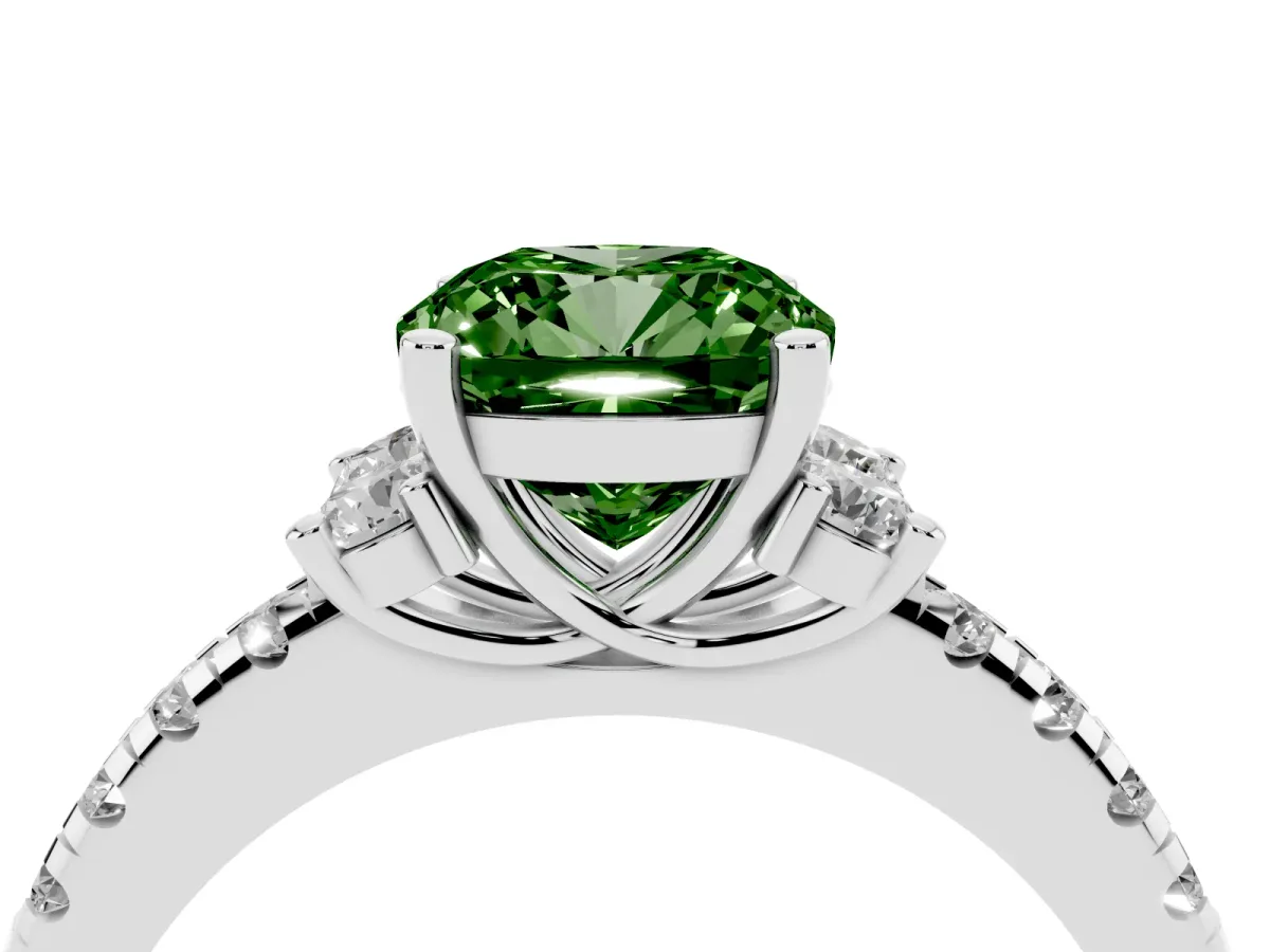 Fancy Green Cushion Cut Diamond Three-Stone Pave Band with Four-Prong Setting Silver