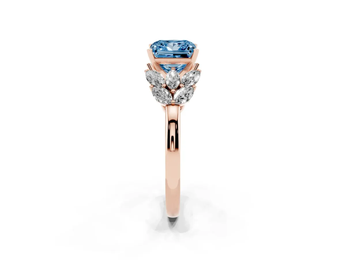 Fancy Blue Princess Cut Diamond Cluster Leaf Design Ring with Prong Setting Rose gold