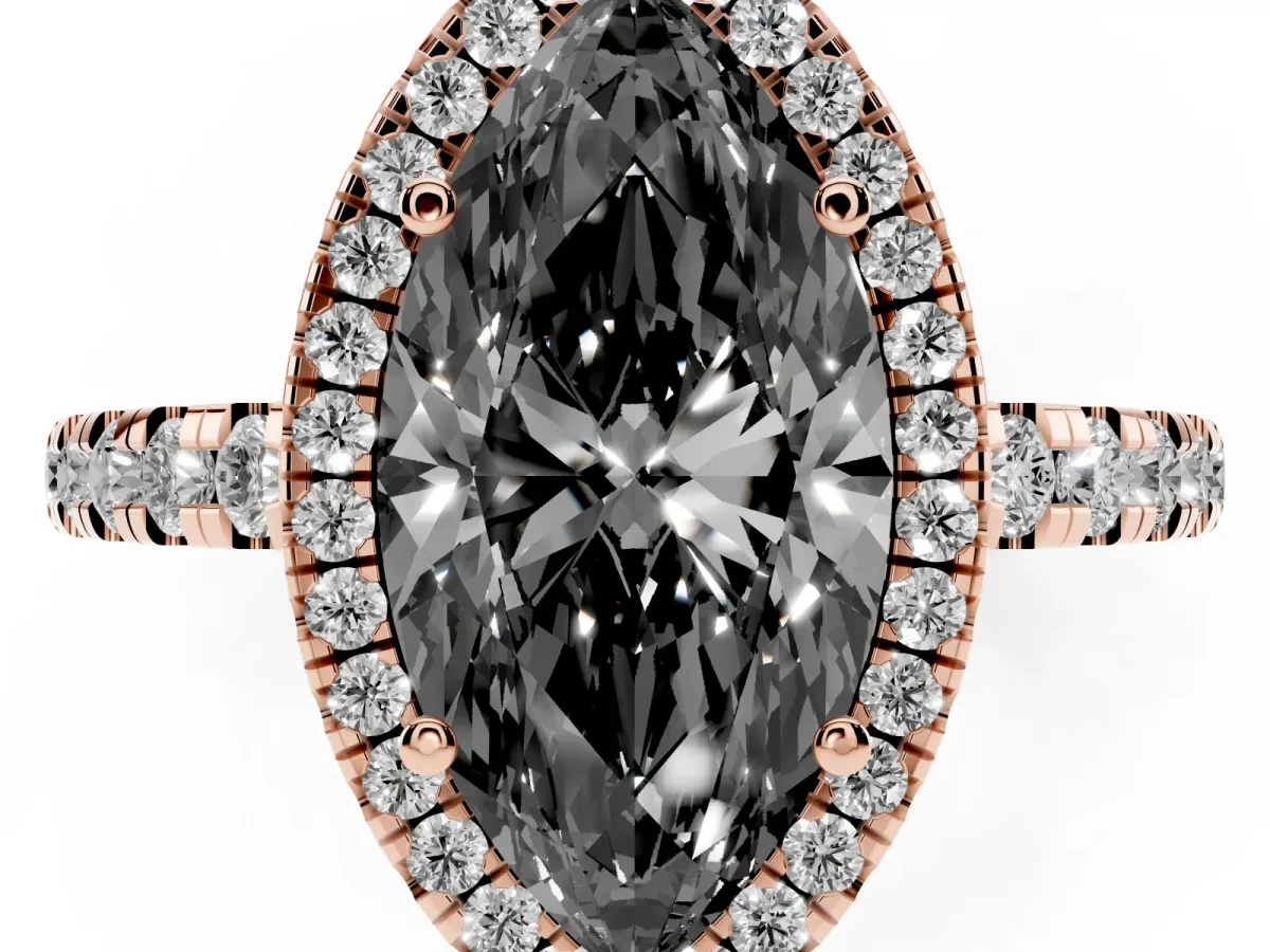 Fancy Black Marquise Cut Diamond Halo Ring with Pavé Band and Four-Prong Setting Rose gold
