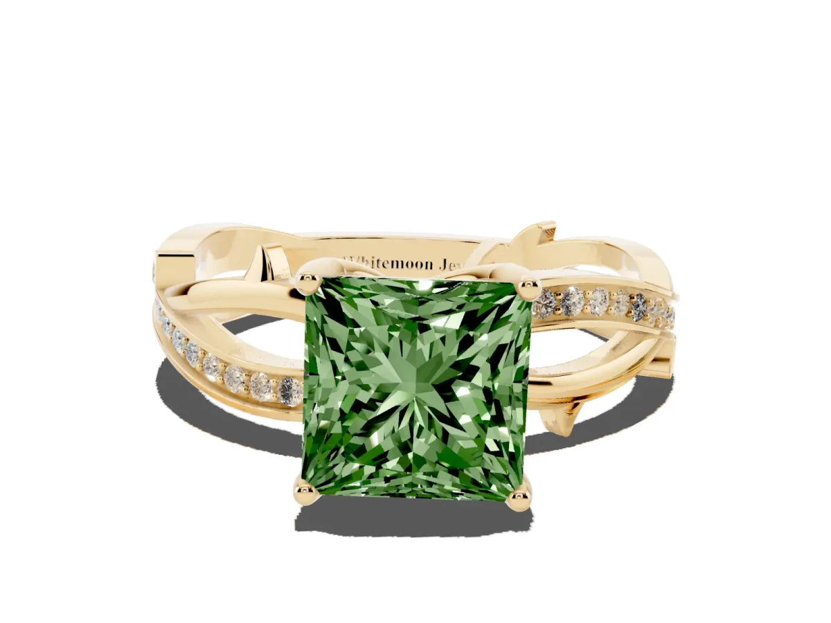 Fancy Green Princess Cut Solitaire Twist Band with Pavé Accents and Four-Prong Setting Yellow gold