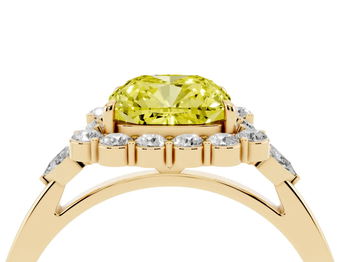 Fancy Yellow Cushion Cut Diamond Halo Ring with Pear Side Stones and Prong Setting Yellow gold