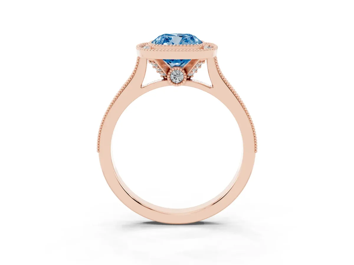 Fancy Blue Halo Cushion Cut-Cut Diamond Pave Band Milgrain Prong Setting Ring Rose gold