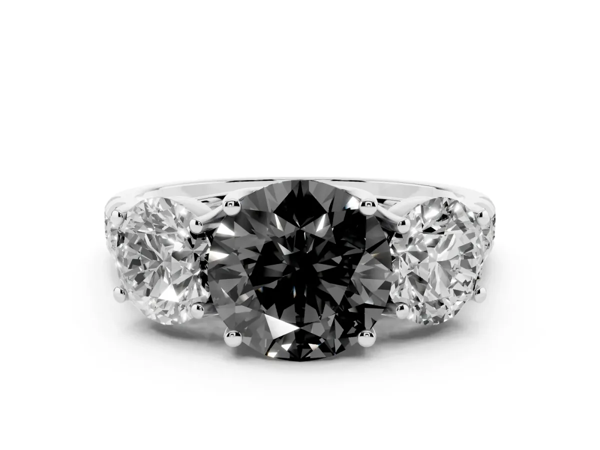 Fancy Black Three-Stone Round Cut Diamond Pavé Band with Prong Setting Silver