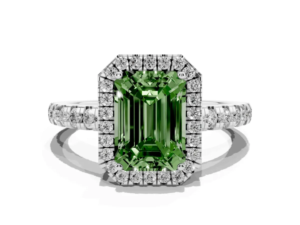 Fancy Green Emerald Cut Diamond Halo Ring with Pavé Band and Four-Prong Setting Platinum