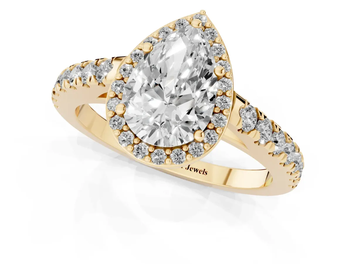 Pear Cut Cut Halo Diamond Engagement Ring with Pave Band and Four-Prong Setting Yellow gold