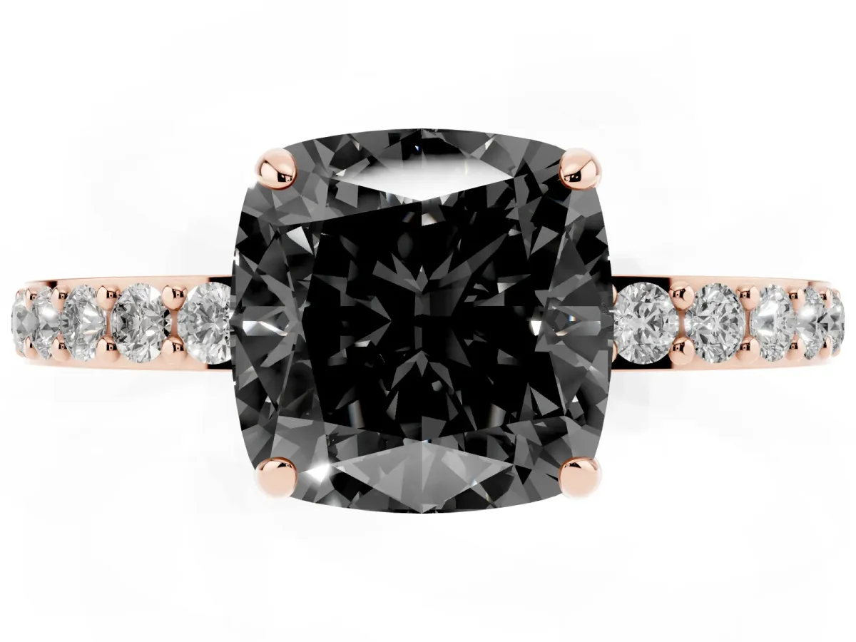 Fancy Black Cushion Cut Diamond Solitaire Engagement Ring with Pavé Band and Four-Prong Setting Rose gold