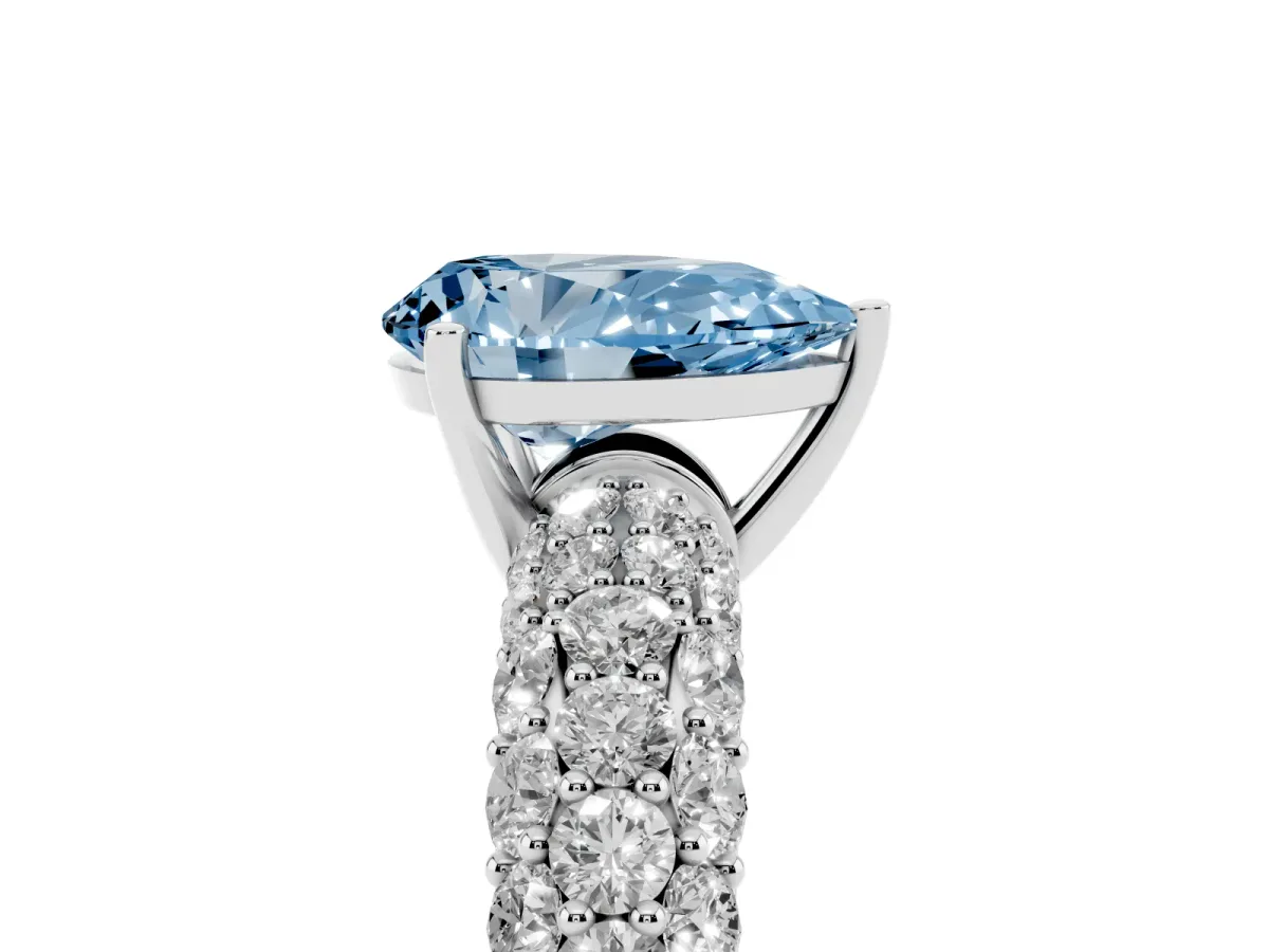 Fancy Blue Pear Cut Diamond Pavé Band Solitaire Ring with Four-Prong Setting Silver